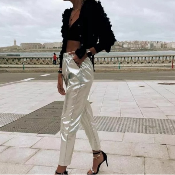 Zara | Pants u0026 Jumpsuits | Zara Silver Metallic Faux Leather Tapered Pants  M | Poshmark
